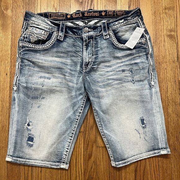 Rock Revival Distressed Denim Jean Shorts Cassius Men's Size 38 New - Picture 2 of 7